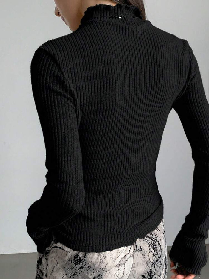 Women’s Black Ribbed Mock Neck Sweater Top – Lace Cuff Long Sleeve Elegant Knit Blouse