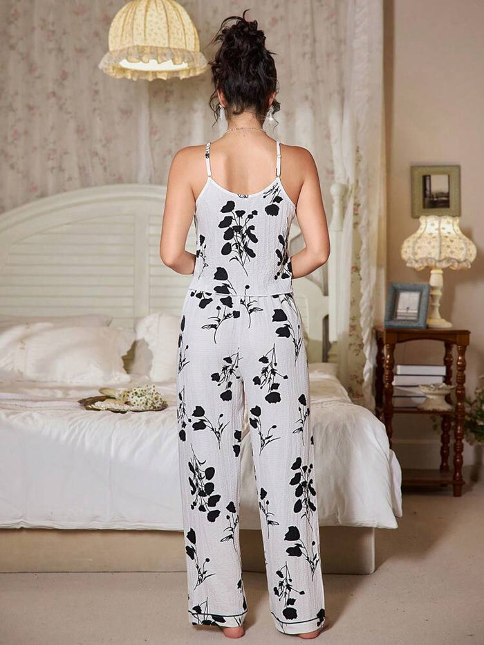 Women’s Black & White Floral Cami Lounge Set – Wide Leg Two Piece Pajama Set