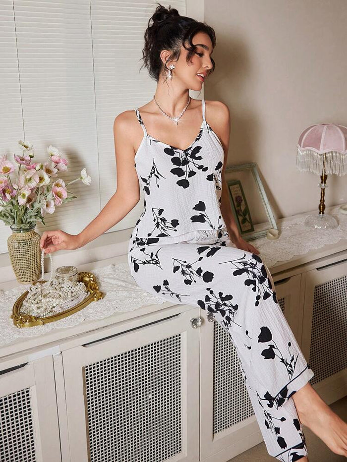 Women’s Black & White Floral Cami Lounge Set – Wide Leg Two Piece Pajama Set