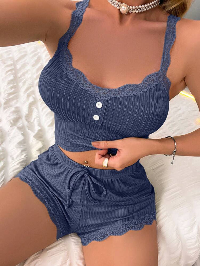 Women’s Blue Ribbed Lace Trim 3 Piece Pajama Set – Cami with Shorts & Wide Leg Pants Sleepwear Set