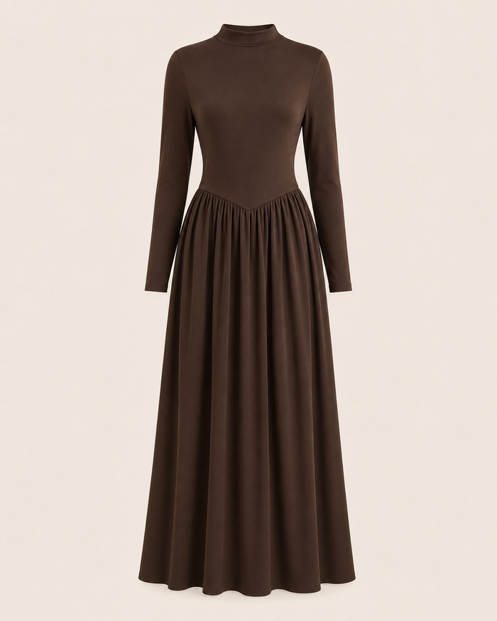 Women’s Brown Long-Sleeve Drop-Waist Maxi Dress
