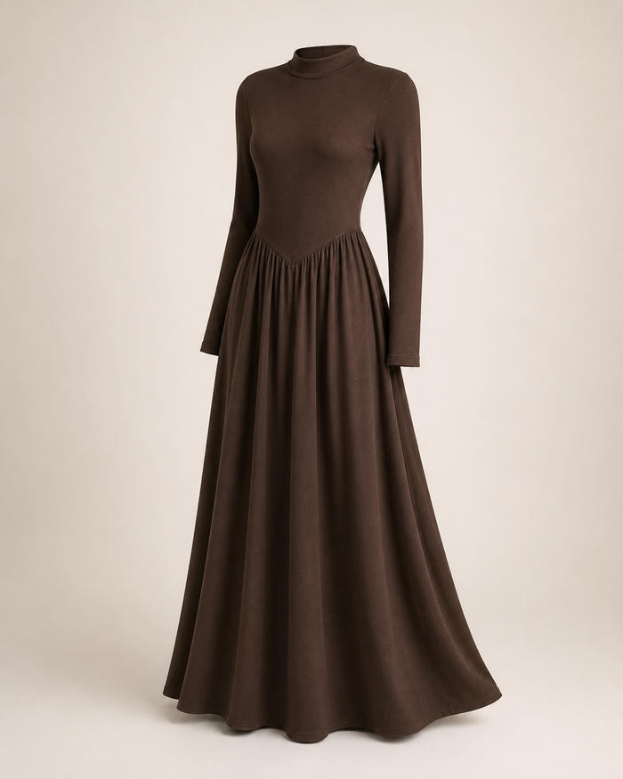 Women’s Brown Long-Sleeve Drop-Waist Maxi Dress