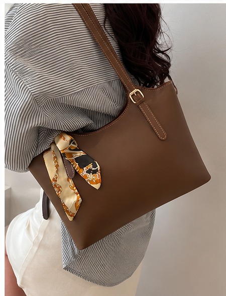 Women’s Brown Structured Tote Bag with Scarf Detail