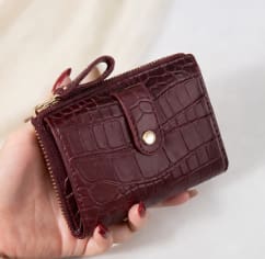 Women’s Burgundy Crocodile Pattern Mini Wallet – Elegant Small Zip Card Holder
