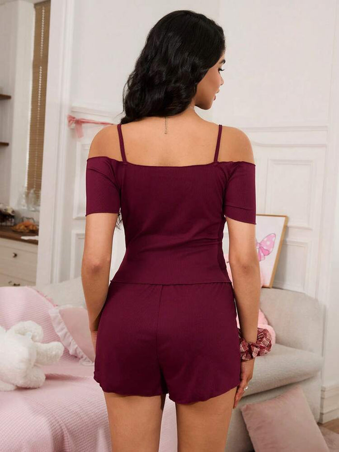 Women’s Burgundy Off Shoulder Lounge Set – Ruched Top & Shorts Two Piece Pajama Set