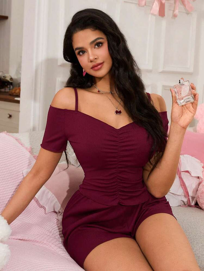 Women’s Burgundy Off Shoulder Lounge Set – Ruched Top & Shorts Two Piece Pajama Set