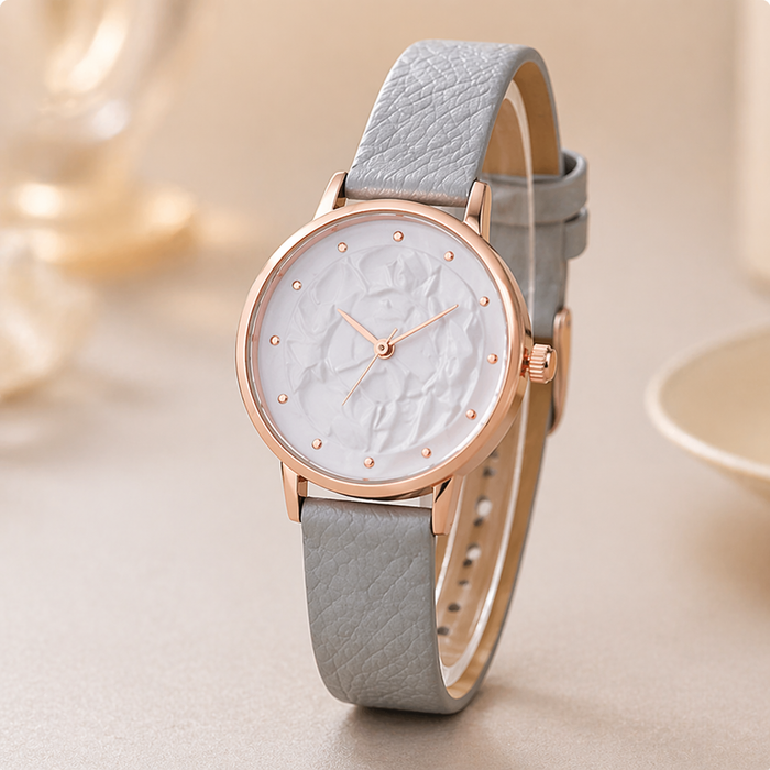 Women’s Casual Quartz Watch – Matte Engraved Dial – Rose Gold Case – Multi-Color Strap