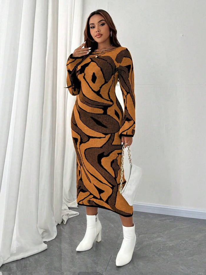 Women’s Fitted Flare Sleeve Pattern Knit Sweater Dress