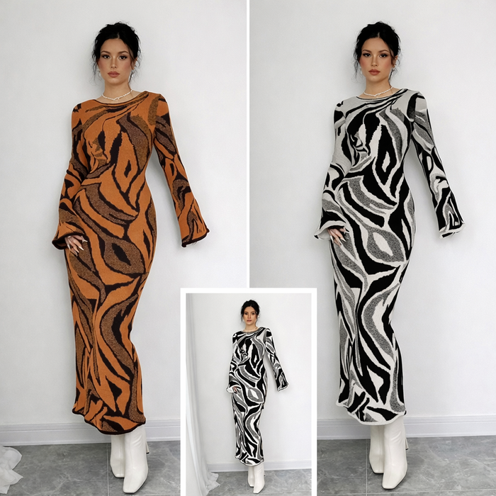 Women’s Fitted Flare Sleeve Pattern Knit Sweater Dress