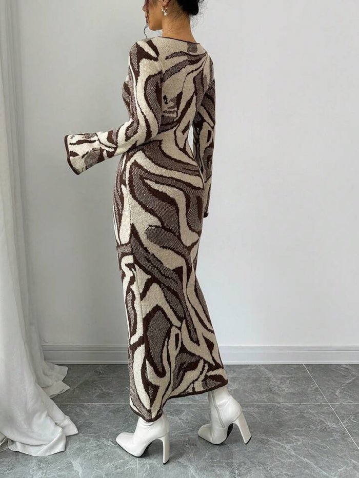 Women’s Fitted Flare Sleeve Pattern Knit Sweater Dress