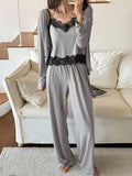 Women’s Gray Lace Trim 3 Piece Lounge Set – Cami Top, Wide Leg Pants & Open Front Cardigan