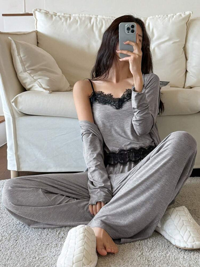 Women’s Gray Lace Trim 3 Piece Lounge Set – Cami Top, Wide Leg Pants & Open Front Cardigan