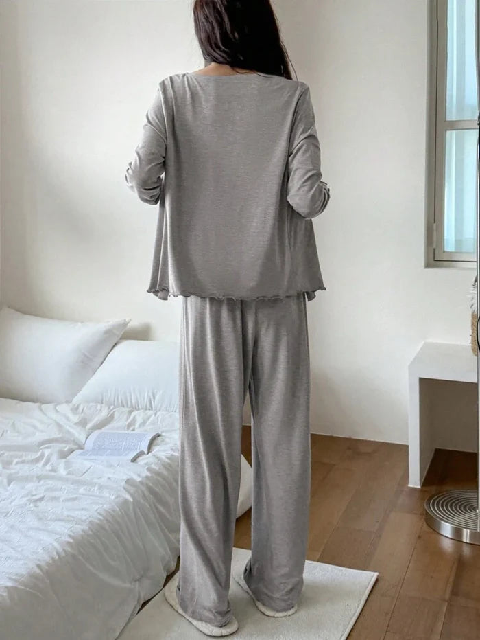 Women’s Gray Lace Trim 3 Piece Lounge Set – Cami Top, Wide Leg Pants & Open Front Cardigan