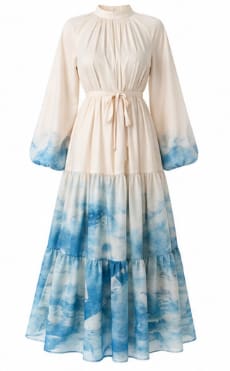 Women's Ombre Blue Maxi Dress – Long Sleeve Tiered Waist Tie Modest Elegant Dress