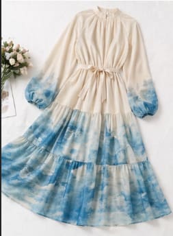 Women's Ombre Blue Maxi Dress – Long Sleeve Tiered Waist Tie Modest Elegant Dress