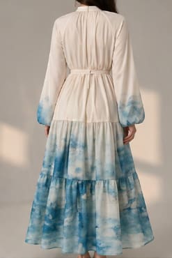 Women's Ombre Blue Maxi Dress – Long Sleeve Tiered Waist Tie Modest Elegant Dress