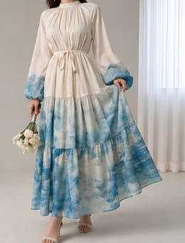 Women's Ombre Blue Maxi Dress – Long Sleeve Tiered Waist Tie Modest Elegant Dress