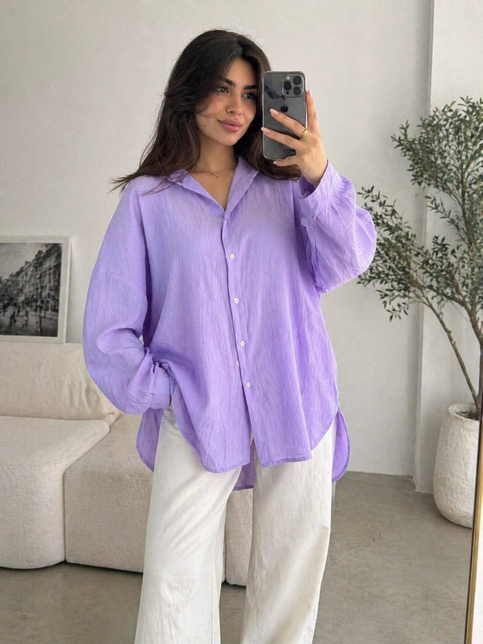 Women's Oversized Lavender Button Front Shirt – Casual Long Sleeve Relaxed Fit Blouse