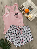 Women’s Pink Cat Print Tank & Shorts Pajama Set – Cute Cartoon Two Piece Sleepwear Set