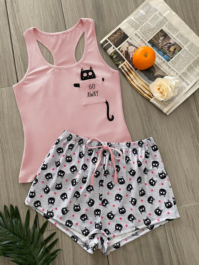 Women’s Pink Cat Print Tank & Shorts Pajama Set – Cute Cartoon Two Piece Sleepwear Set