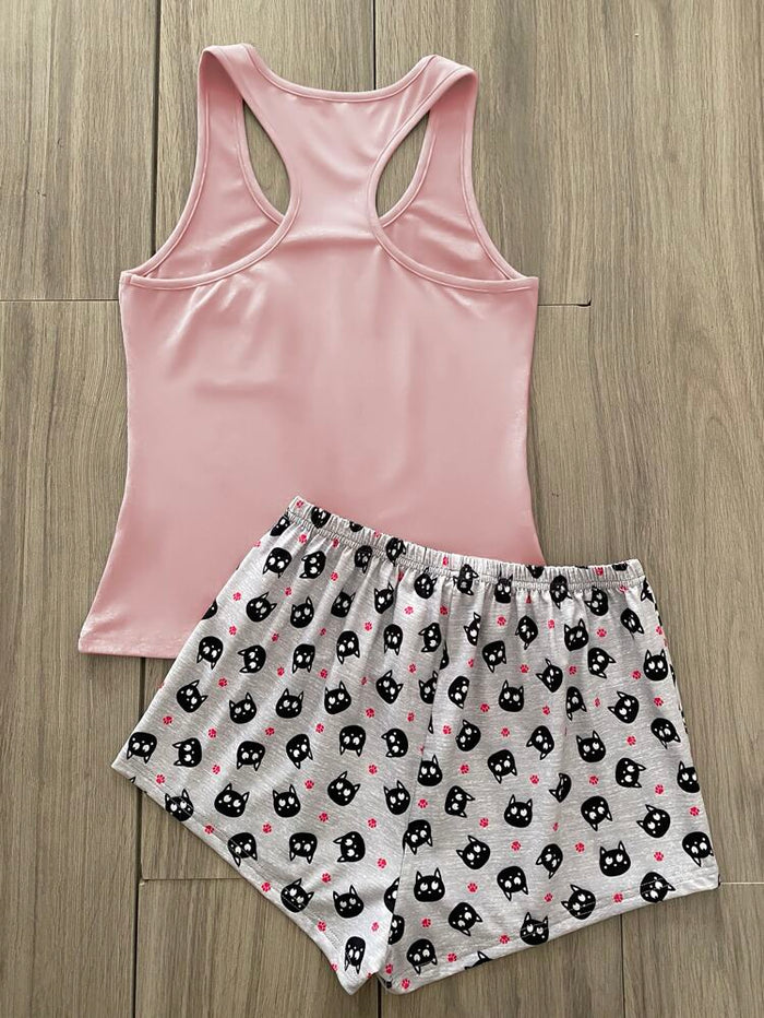 Women’s Pink Cat Print Tank & Shorts Pajama Set – Cute Cartoon Two Piece Sleepwear Set
