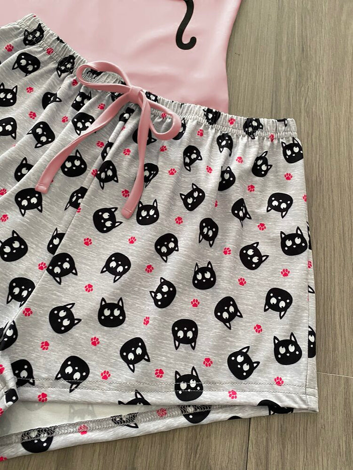 Women’s Pink Cat Print Tank & Shorts Pajama Set – Cute Cartoon Two Piece Sleepwear Set