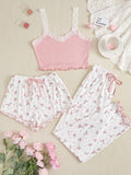 Women’s Pink Lace Trim 3 Piece Pajama Set – Ribbed Cami with Floral Shorts & Pants Sleepwear Set