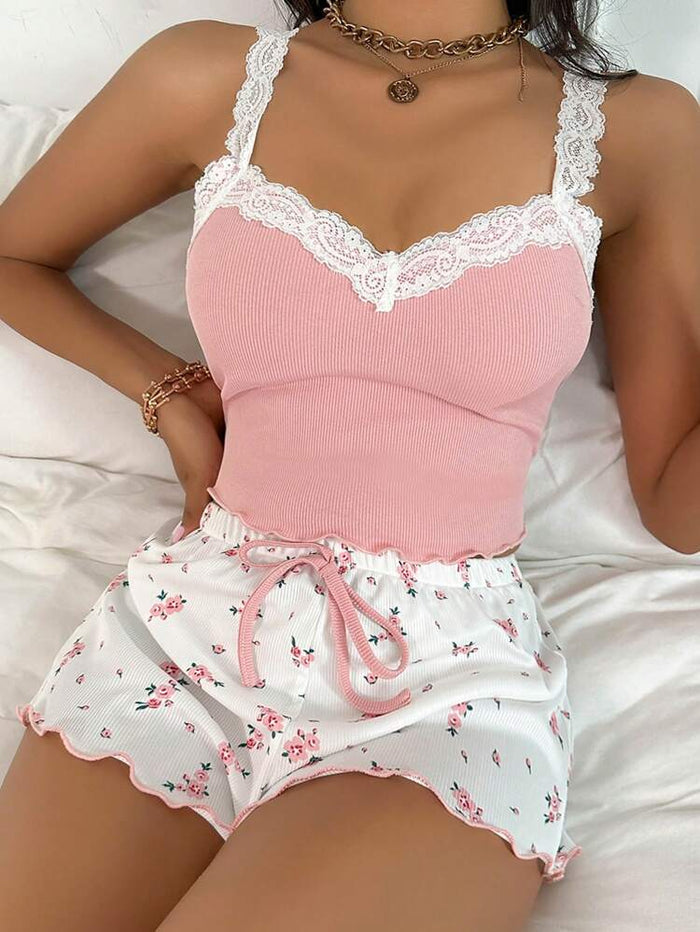 Women’s Pink Lace Trim 3 Piece Pajama Set – Ribbed Cami with Floral Shorts & Pants Sleepwear Set