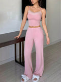 Women’s Pink Lace Trim Cami & Wide Leg Pants Lounge Set – Soft Elegant Two Piece Homewear Set