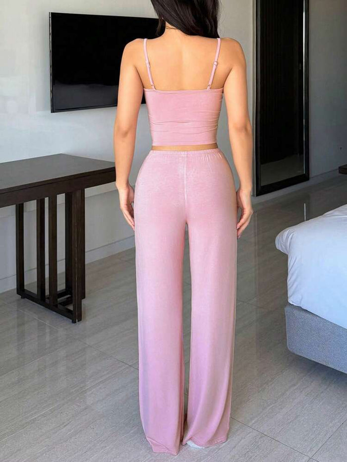 Women’s Pink Lace Trim Cami & Wide Leg Pants Lounge Set – Soft Elegant Two Piece Homewear Set