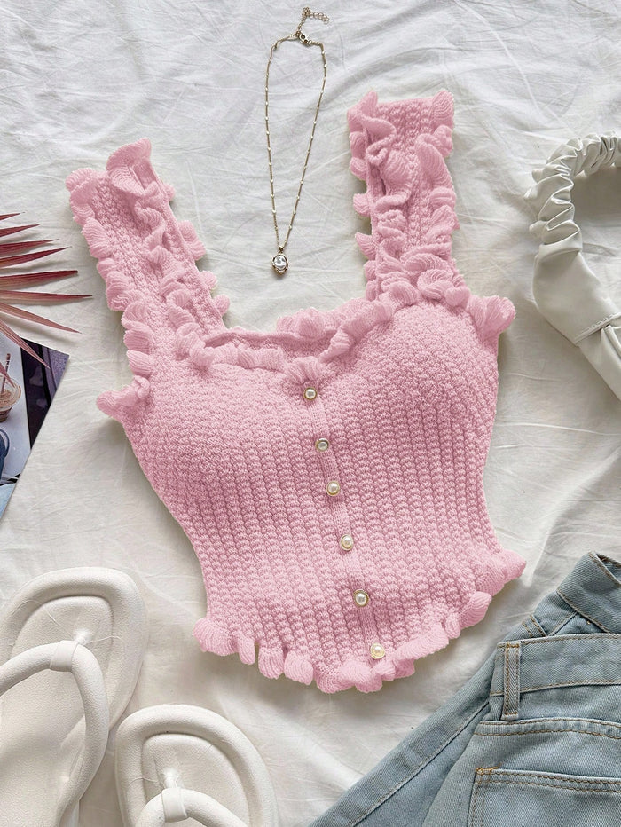 Women’s Pink Ruffle Knit Crop Tank Top