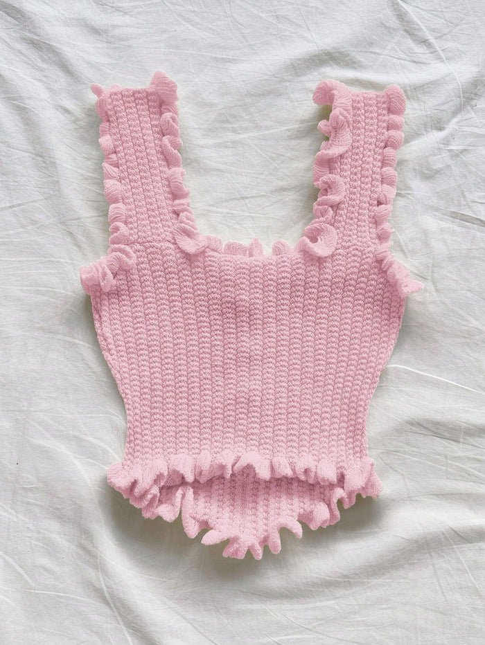 Women’s Pink Ruffle Knit Crop Tank Top