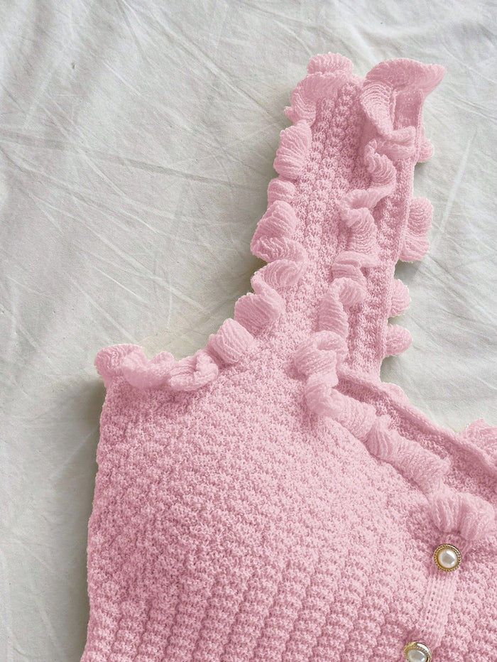 Women’s Pink Ruffle Knit Crop Tank Top