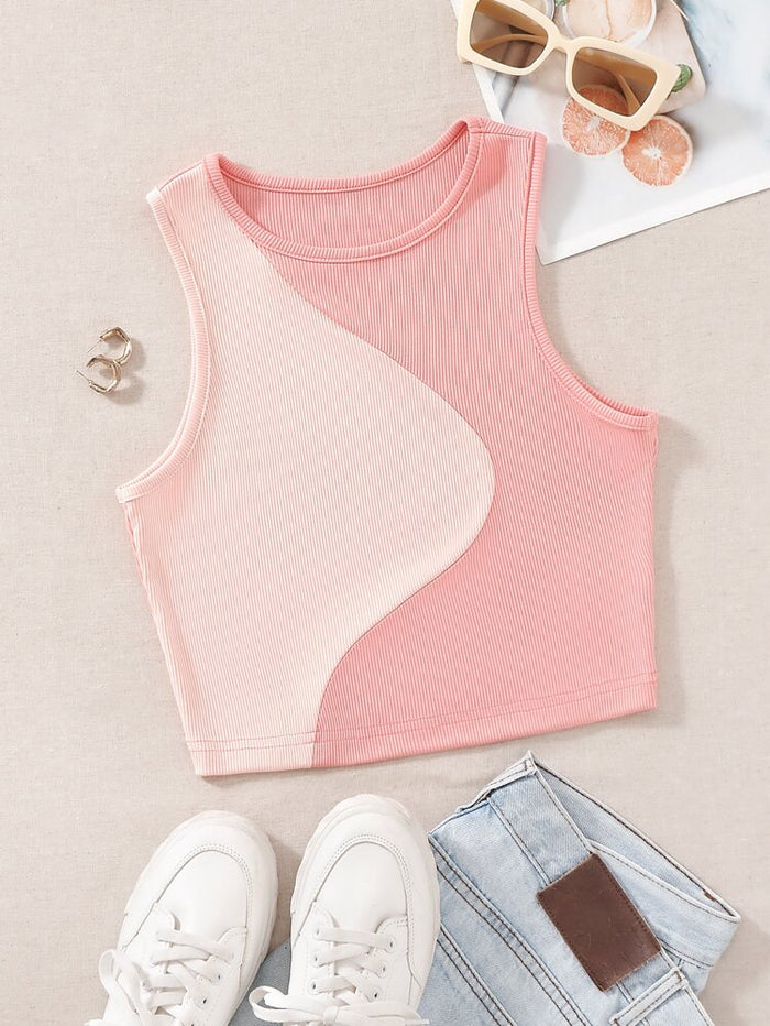 Women’s Pink & White Colorblock Ribbed Crop Top – Sleeveless Casual Summer Tank Top