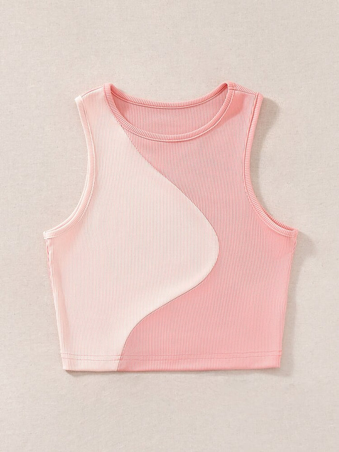 Women’s Pink & White Colorblock Ribbed Crop Top – Sleeveless Casual Summer Tank Top