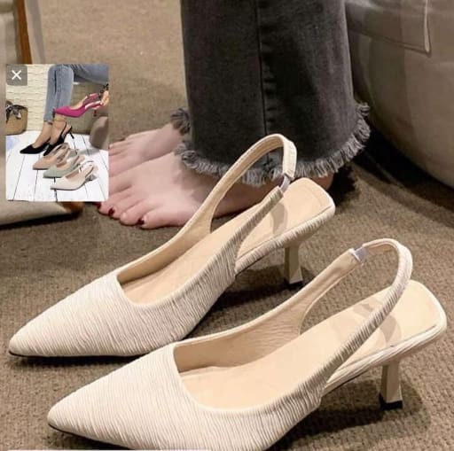 Women’s Pointed Toe Slingback Kitten Heels – Cream Beige