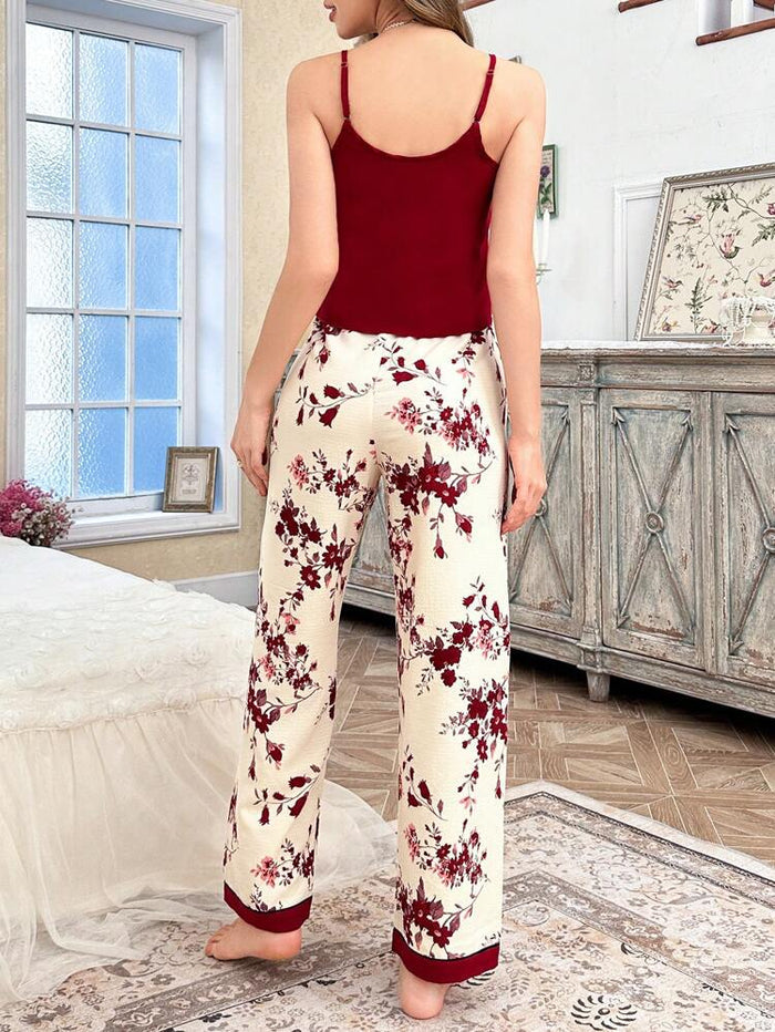 Women’s Red Satin Cami & Floral Lounge Pants Set – Elegant Two Piece Pajama Set