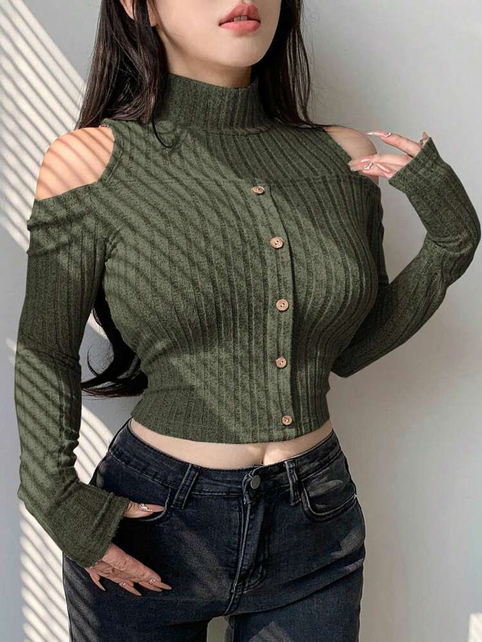 Women’s Ribbed Cold Shoulder Mock Neck Crop Top – Olive Green Long Sleeve Slim Fit Top