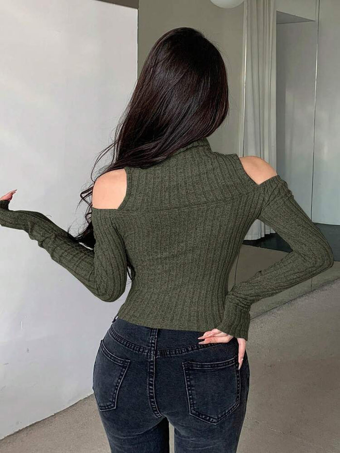 Women’s Ribbed Cold Shoulder Mock Neck Crop Top – Olive Green Long Sleeve Slim Fit Top