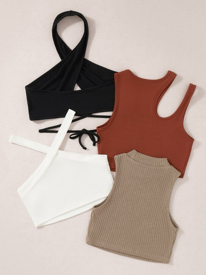 Women’s Ribbed Crop Tank Top Set – 4 Piece Sleeveless Casual Summer Tops – Mixed Neckline Basic Collection
