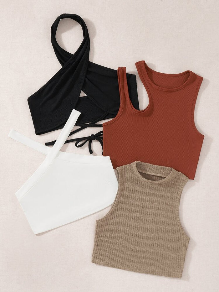 Women’s Ribbed Crop Tank Top Set – 4 Piece Sleeveless Casual Summer Tops – Mixed Neckline Basic Collection