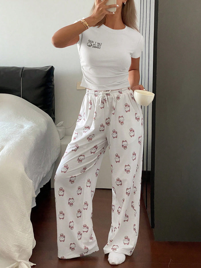 Women’s Ribbed White Tee & Cartoon Print Lounge Pants Set – Cute Two Piece Pajama Set