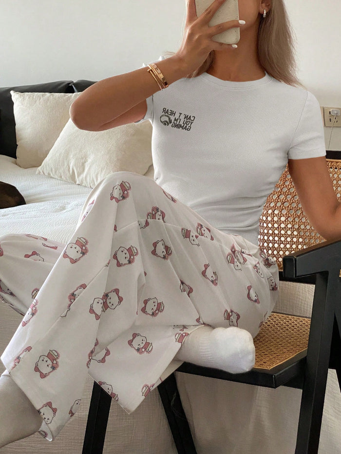 Women’s Ribbed White Tee & Cartoon Print Lounge Pants Set – Cute Two Piece Pajama Set