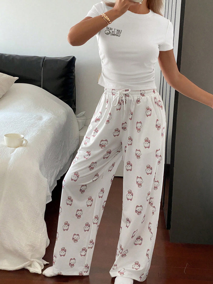 Women’s Ribbed White Tee & Cartoon Print Lounge Pants Set – Cute Two Piece Pajama Set