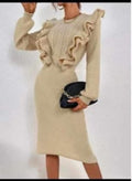Women’s Ruffle Knit Midi Dress – Cable Front Long Sleeve Slim Fit Elegant Sweater Dress