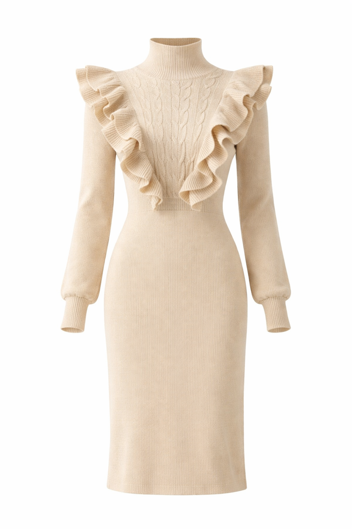 Women’s Ruffle Knit Midi Dress – Cable Front Long Sleeve Slim Fit Elegant Sweater Dress