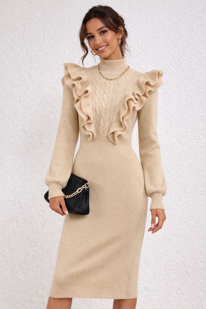 Women’s Ruffle Knit Midi Dress – Cable Front Long Sleeve Slim Fit Elegant Sweater Dress