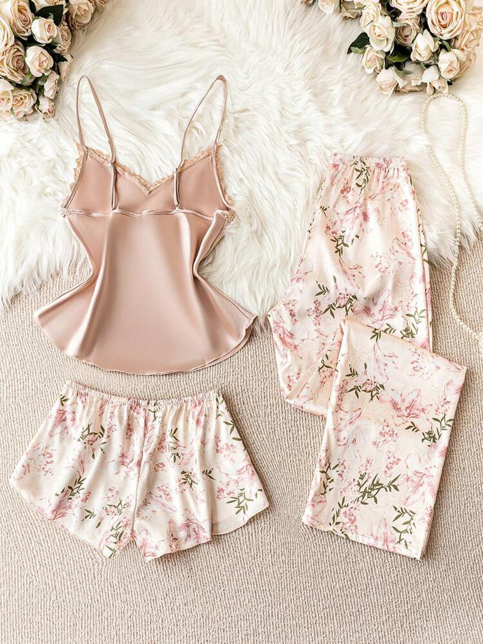 Women’s Satin Lace Cami 3 Piece Pajama Set – Blush Pink Floral Sleepwear Set