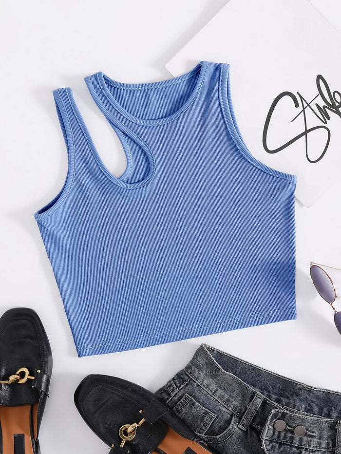 Women’s Sky Blue Ribbed Asymmetrical Tank Top – Sleeveless Cutout Summer Crop Top