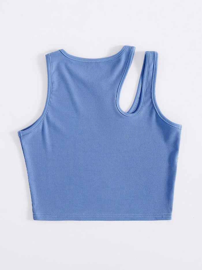 Women’s Sky Blue Ribbed Asymmetrical Tank Top – Sleeveless Cutout Summer Crop Top